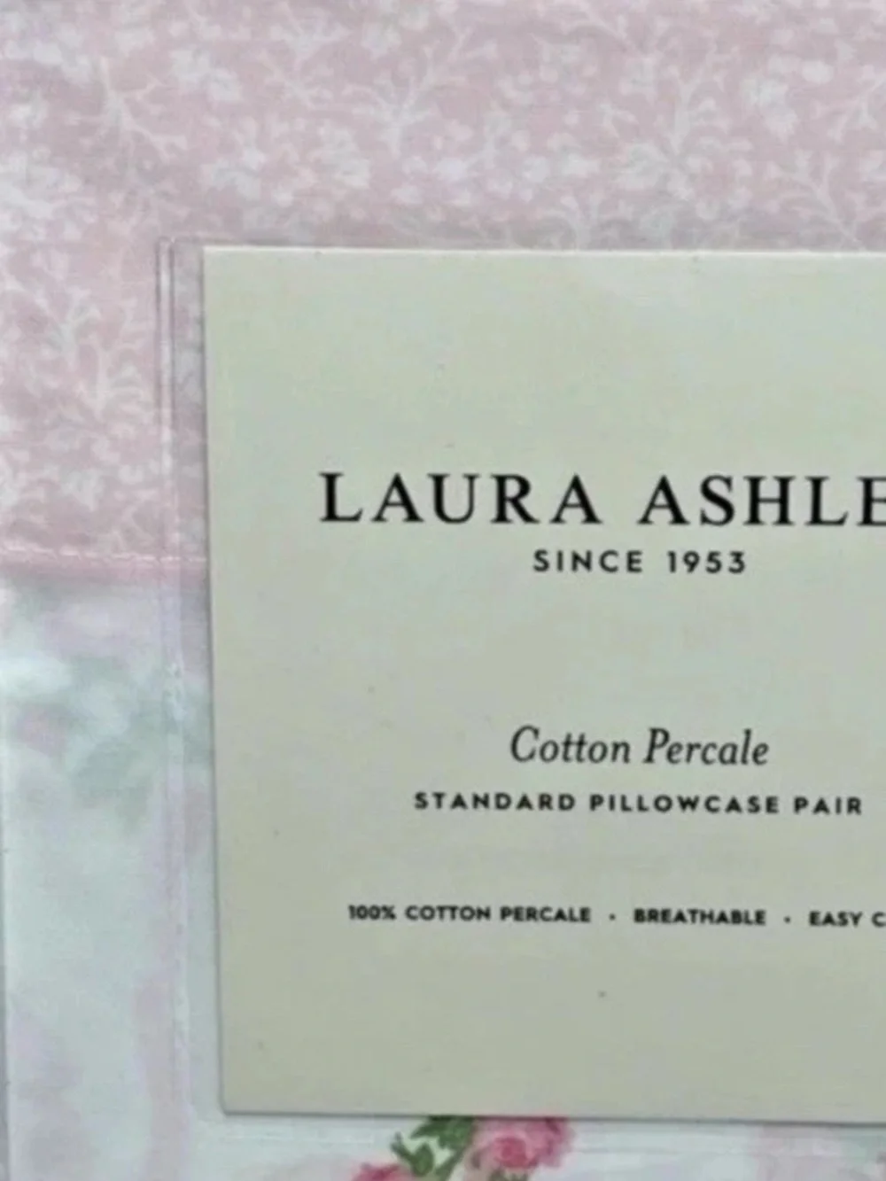 Laura Ashley~Pillowcase Pair~ Pink Floral Ribbon 100% Cotton Percale Standard